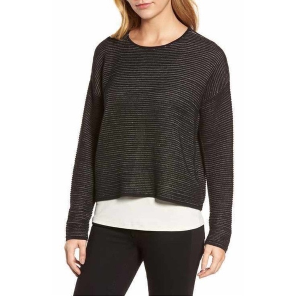 Eileen Fisher Black & White Two-Tone Organic Silk Blend Sweater